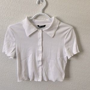 White Cropped Button Up Polo Shirt